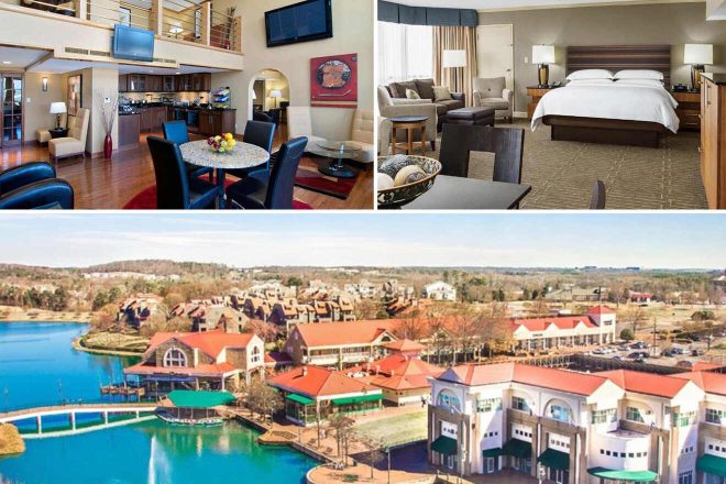 A collage of three hotel photos to stay in Charlotte: a two-story suite with a full kitchen and contemporary furnishings, a cozy hotel room with a city view, and an aerial view of a resort complex with distinct red rooftops and a central lake.